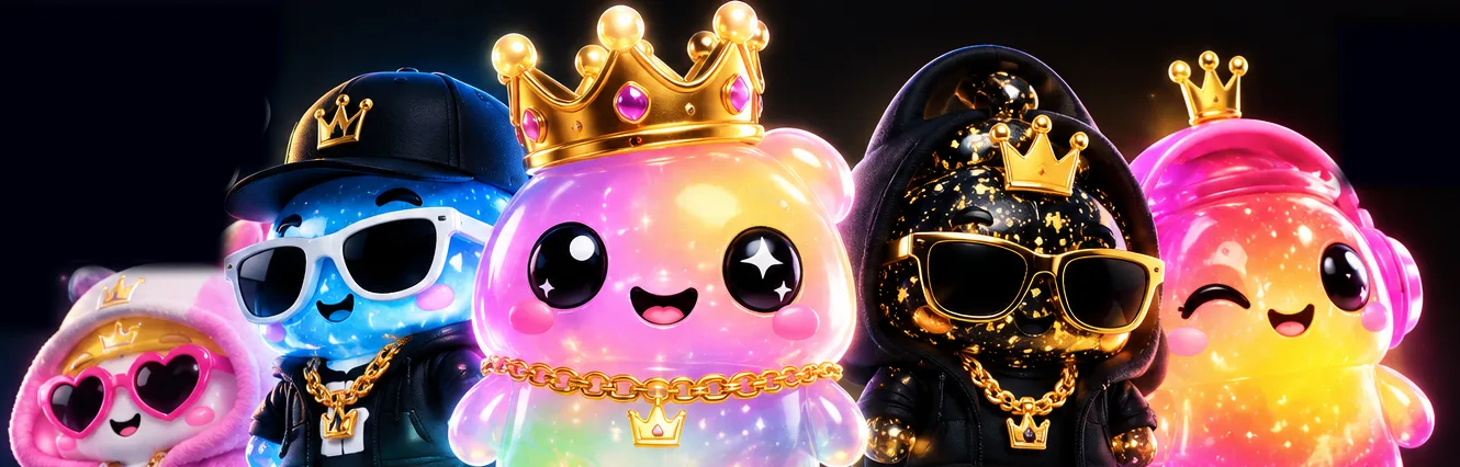 Five squishy characters in crowns, shades, gold chains and hoodies